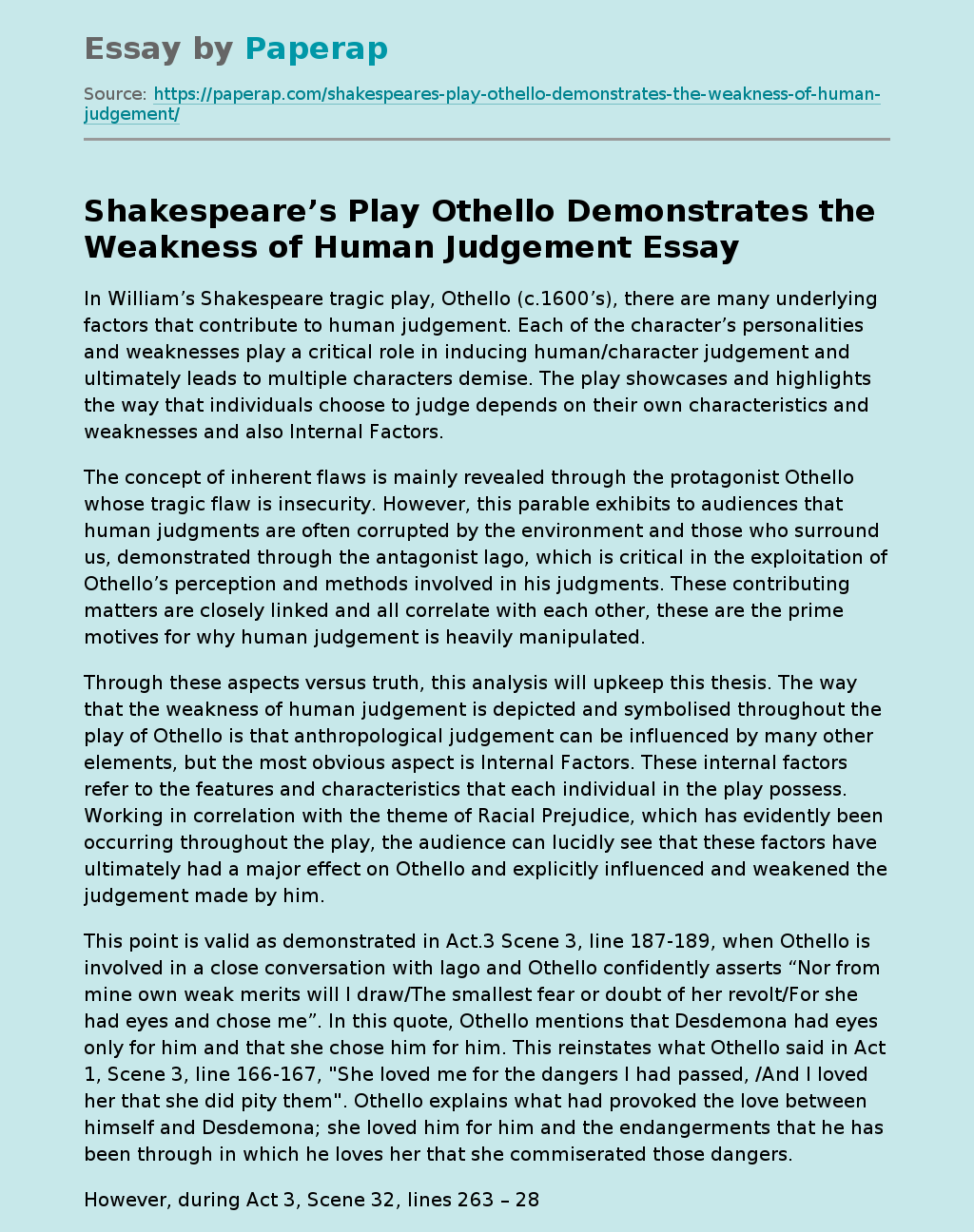 Shakespeare’s Play Othello Demonstrates the Weakness of Human Judgement