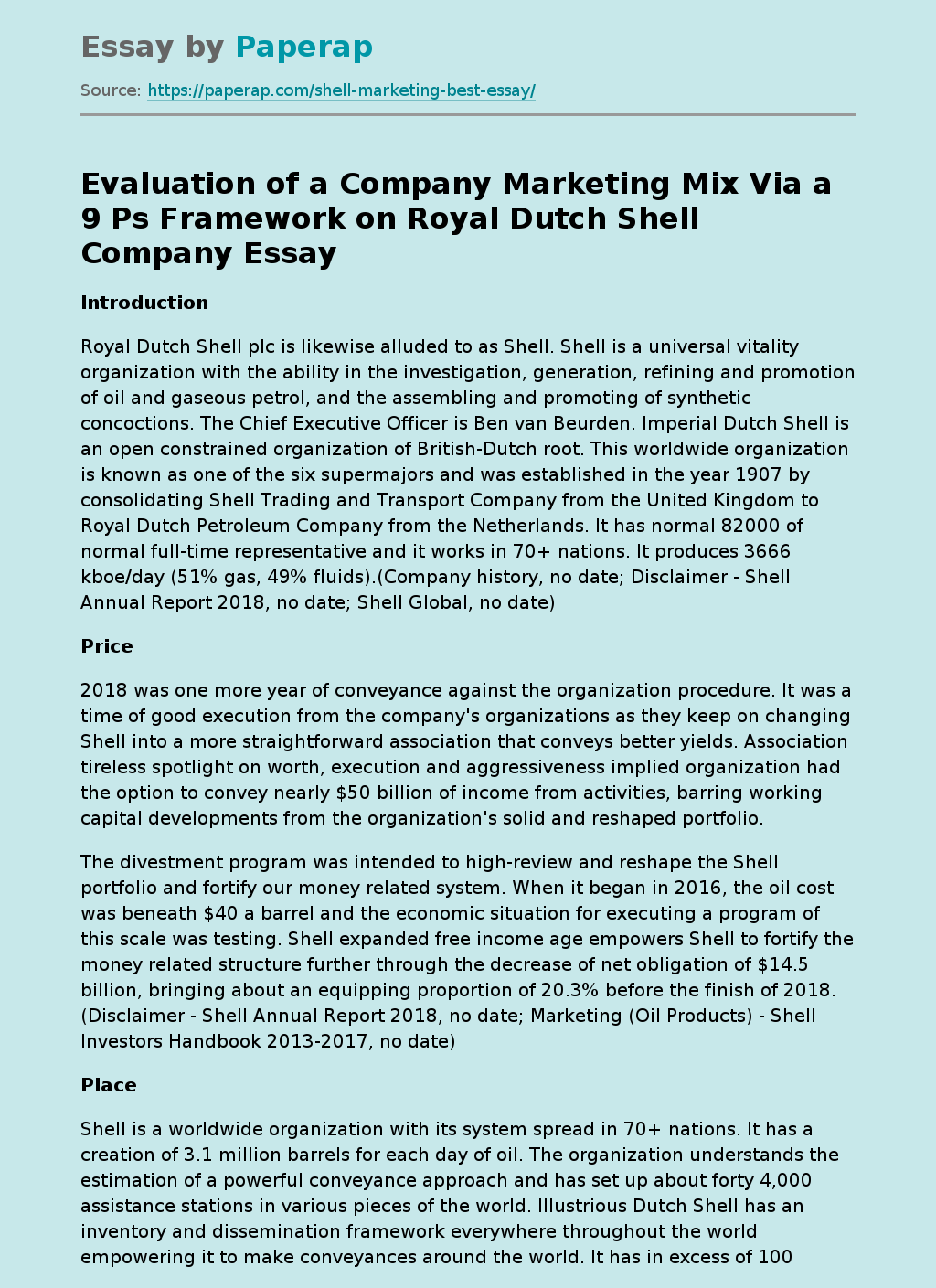 Evaluation of a Company Marketing Mix Via a 9 Ps Framework on Royal Dutch Shell Company