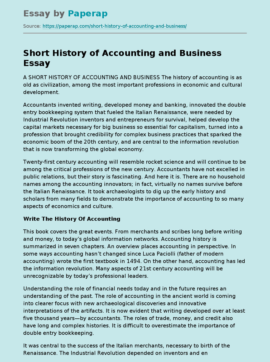 Short History of Accounting and Business