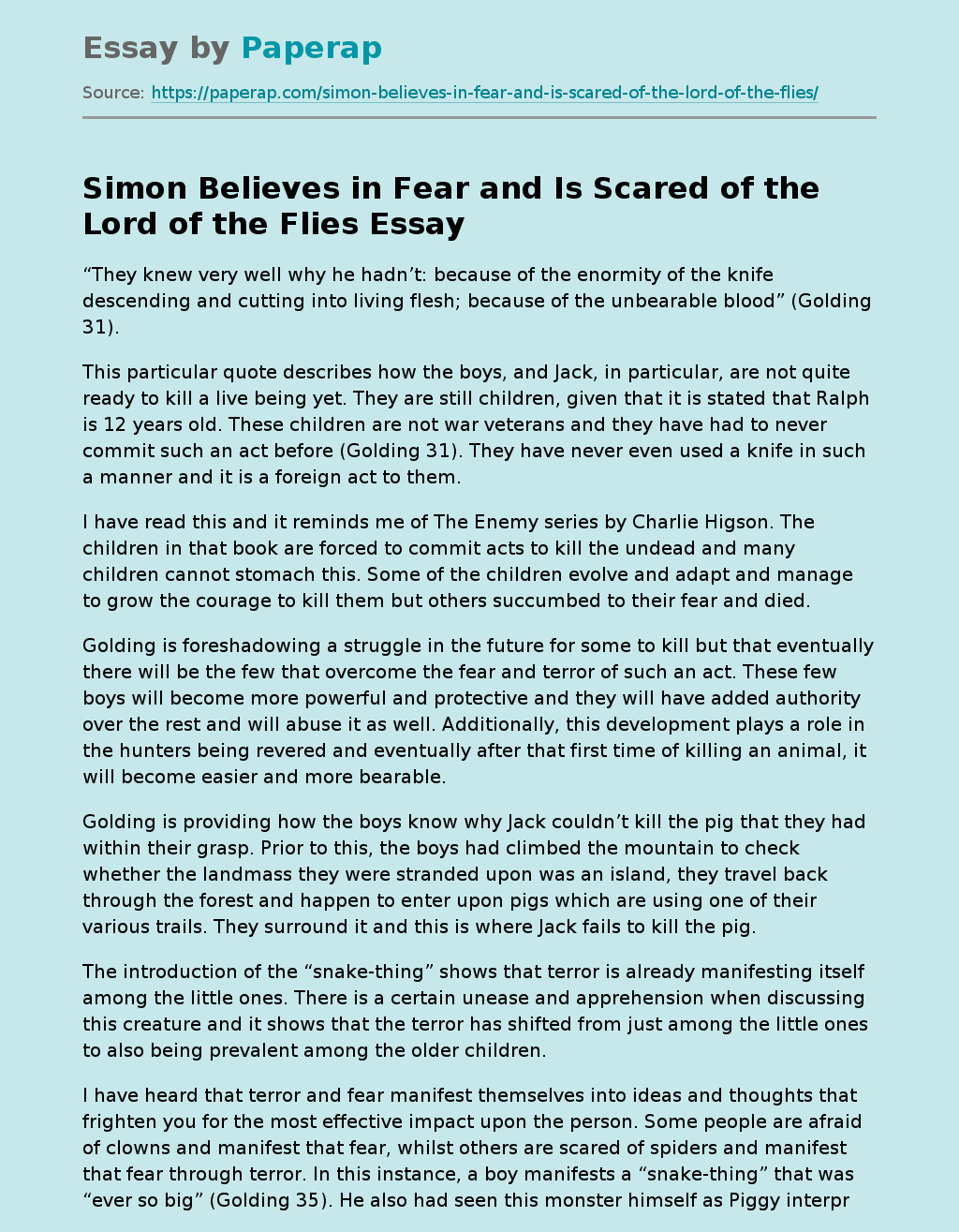 Simon Believes in Fear and Is Scared of the Lord of the Flies