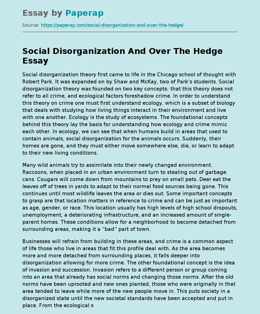 Social Disorganization And Over The Hedge