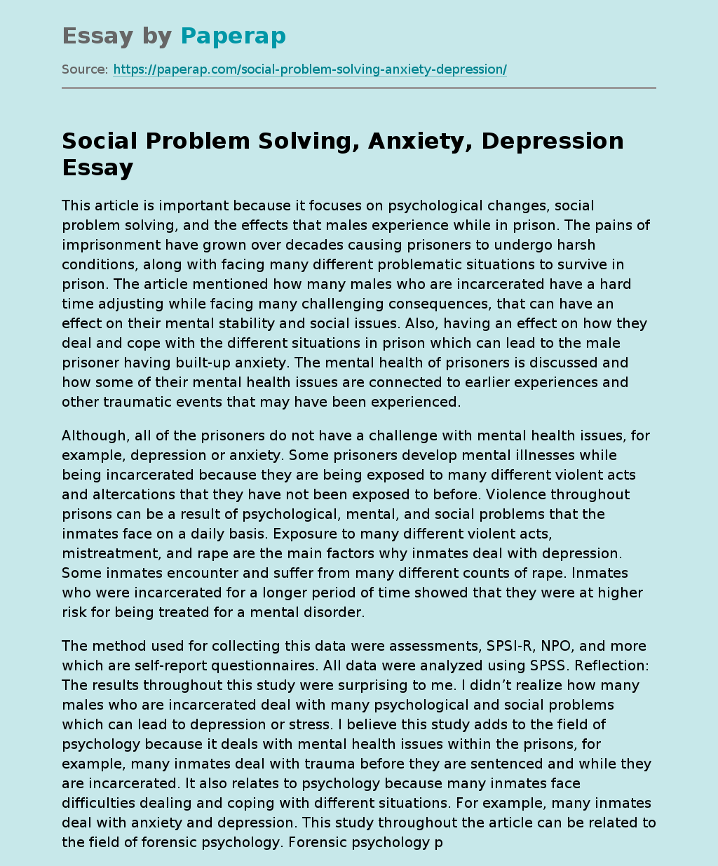 Social Problem Solving, Anxiety, Depression