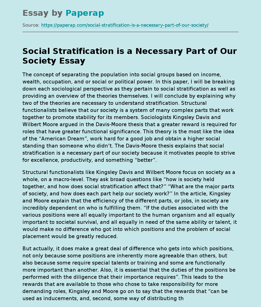 Social Stratification is a Necessary Part of Our Society