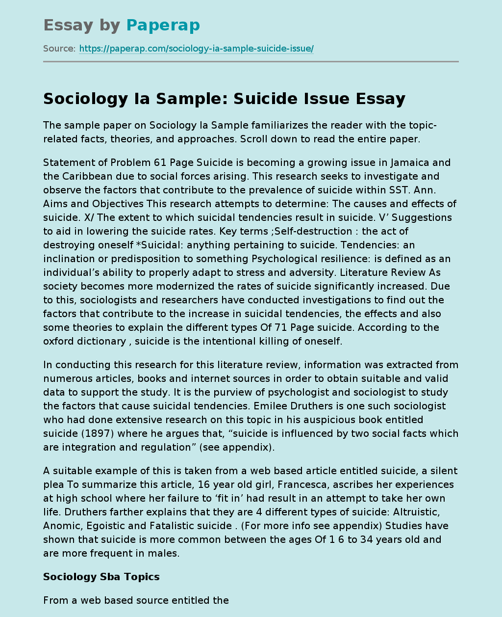 Sociology Ia Sample: Suicide Issue