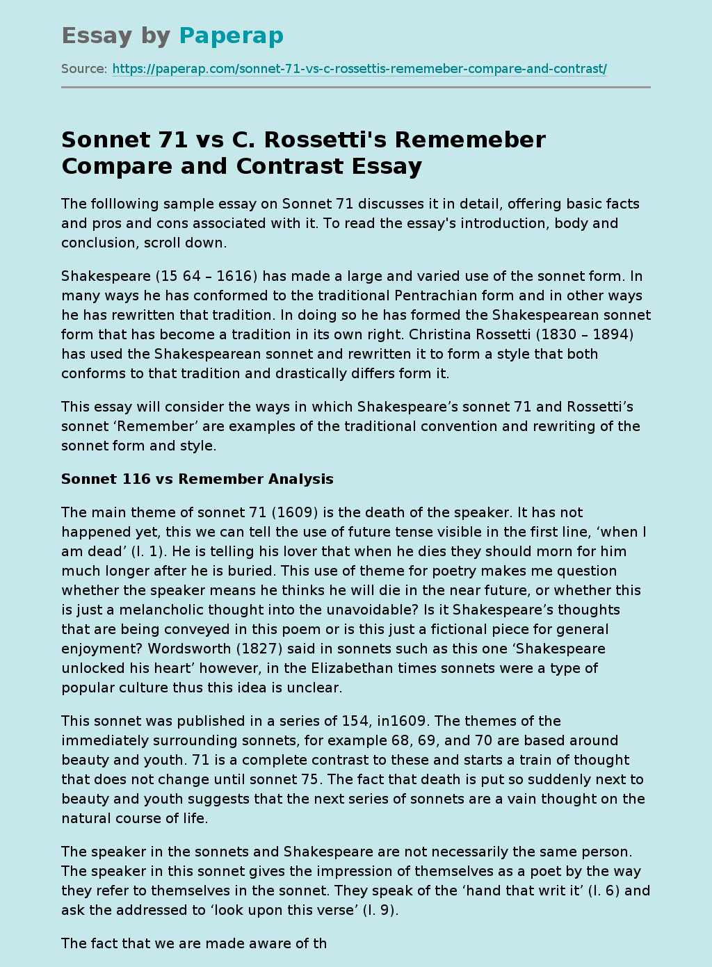 Sonnet 71 vs C. Rossetti's Rememeber Compare and Contrast