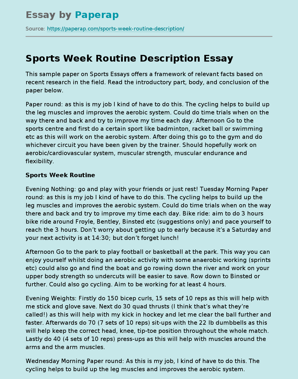 Sports Week Routine Description