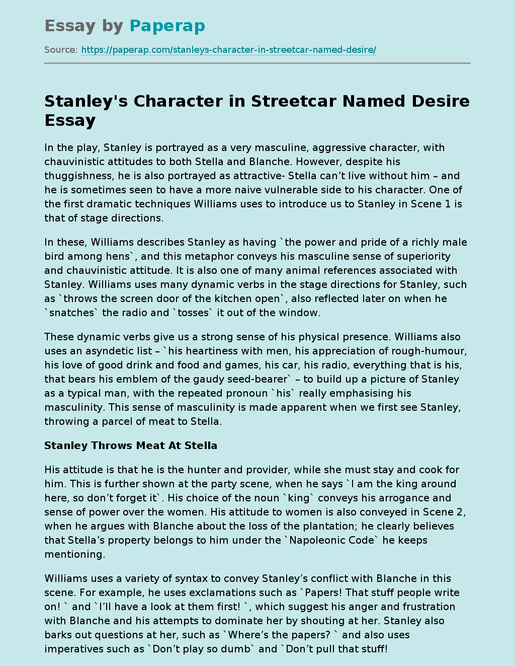 Stanley's Character in Streetcar Named Desire