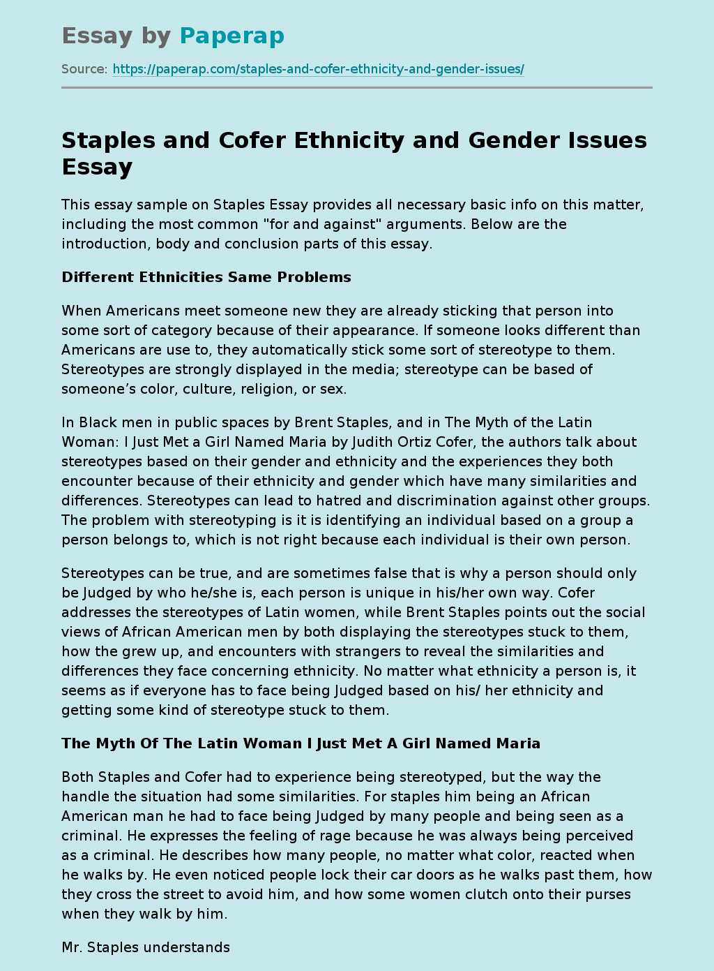 Staples and Cofer Ethnicity and Gender Issues