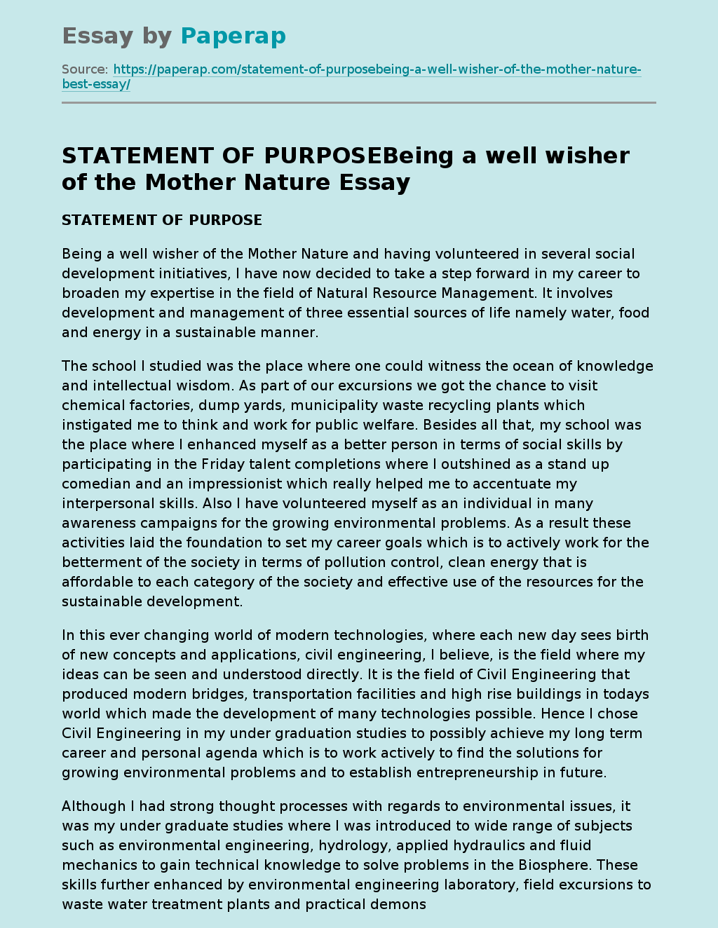 STATEMENT OF PURPOSEBeing a well wisher of the Mother Nature