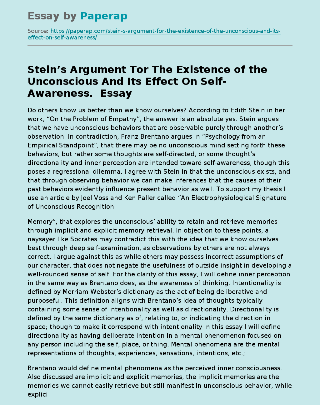 Stein’s Argument Tor The Existence of the Unconscious And Its Effect On Self-Awareness. 