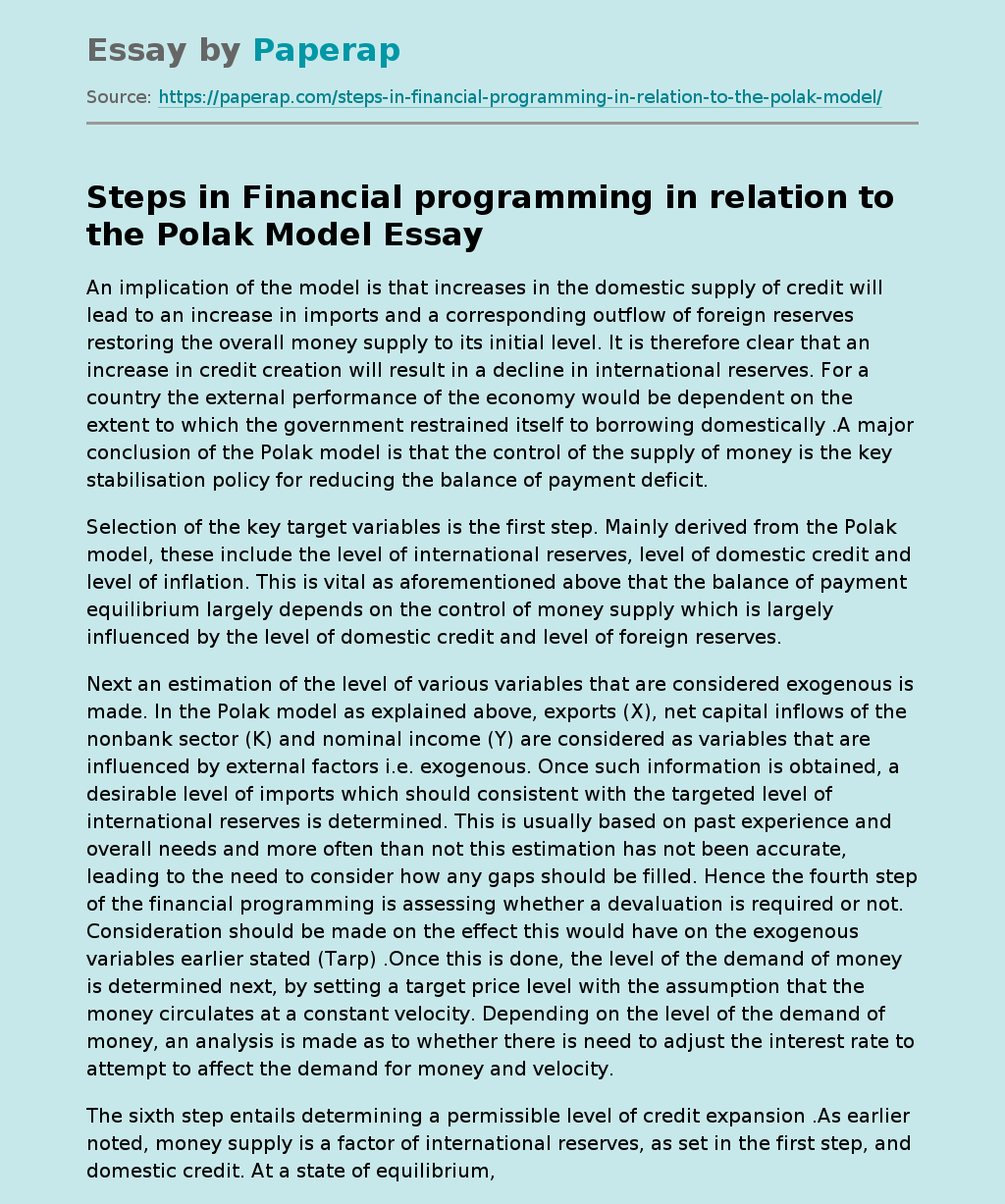 Steps in Financial programming in relation to the Polak Model