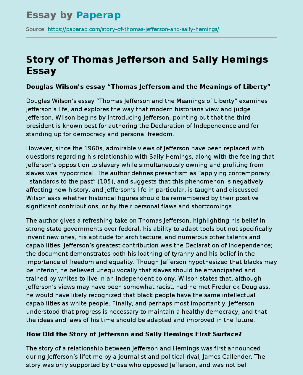 Story of Thomas Jefferson and Sally Hemings
