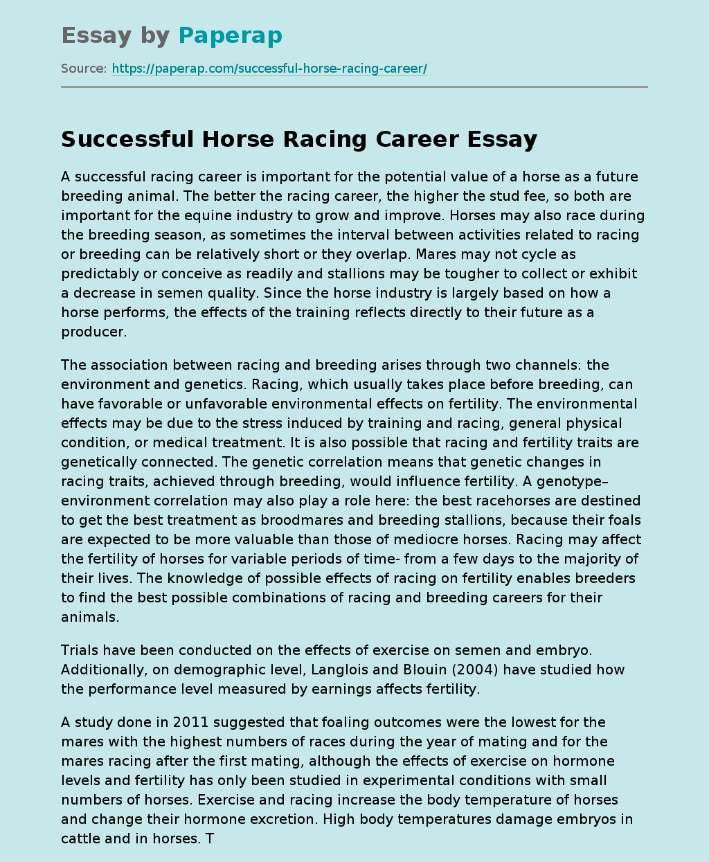 Successful Horse Racing Career