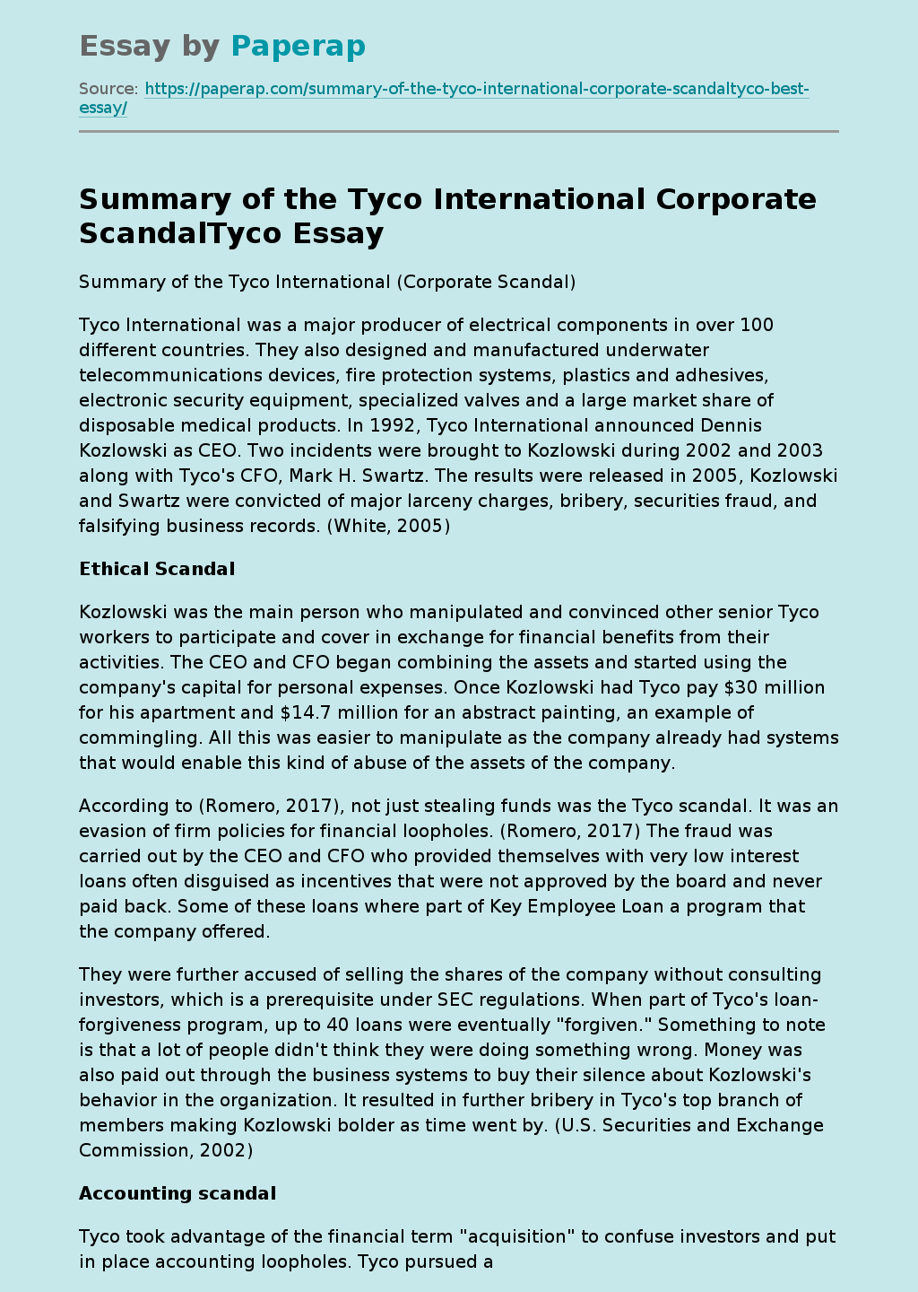 Summary of the Tyco International Corporate ScandalTyco
