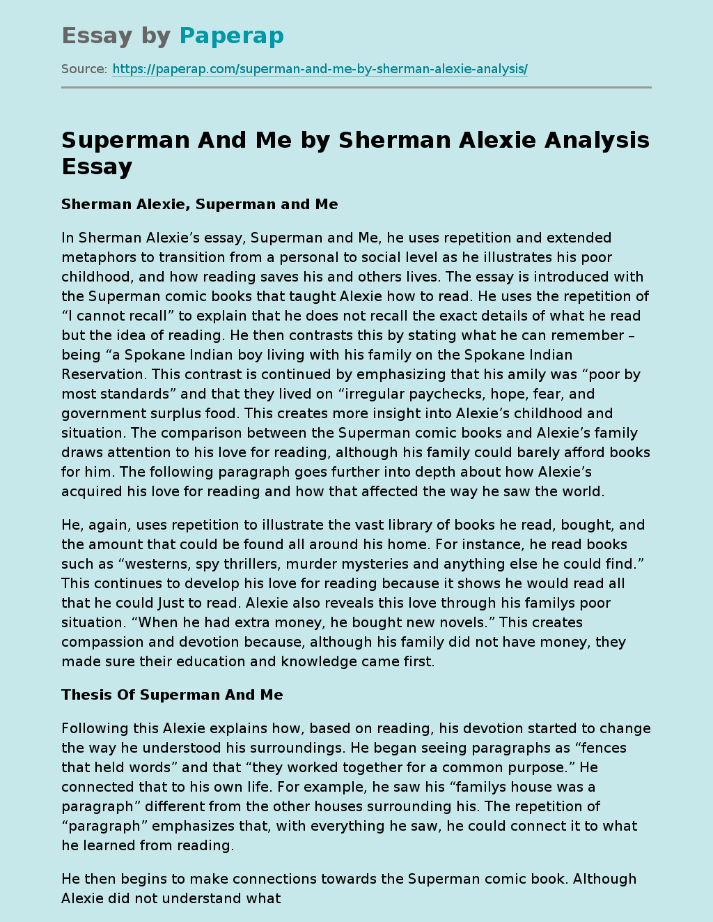 Superman And Me by Sherman Alexie Analysis