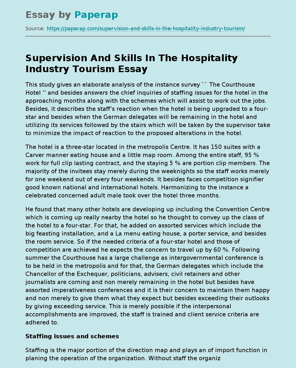 Supervision And Skills In The Hospitality Industry Tourism