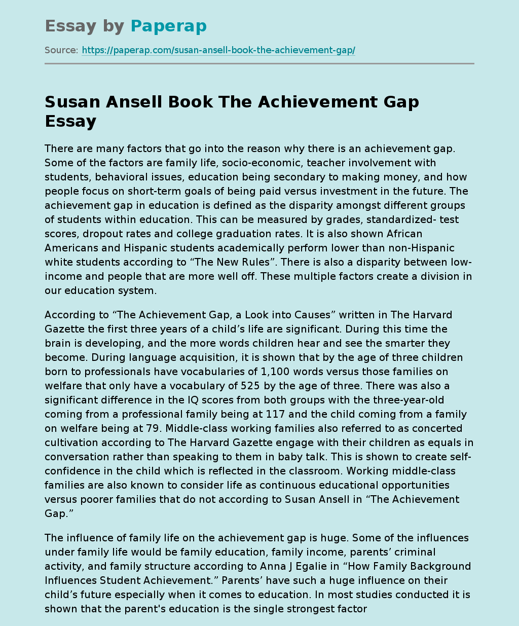 Susan Ansell Book The Achievement Gap