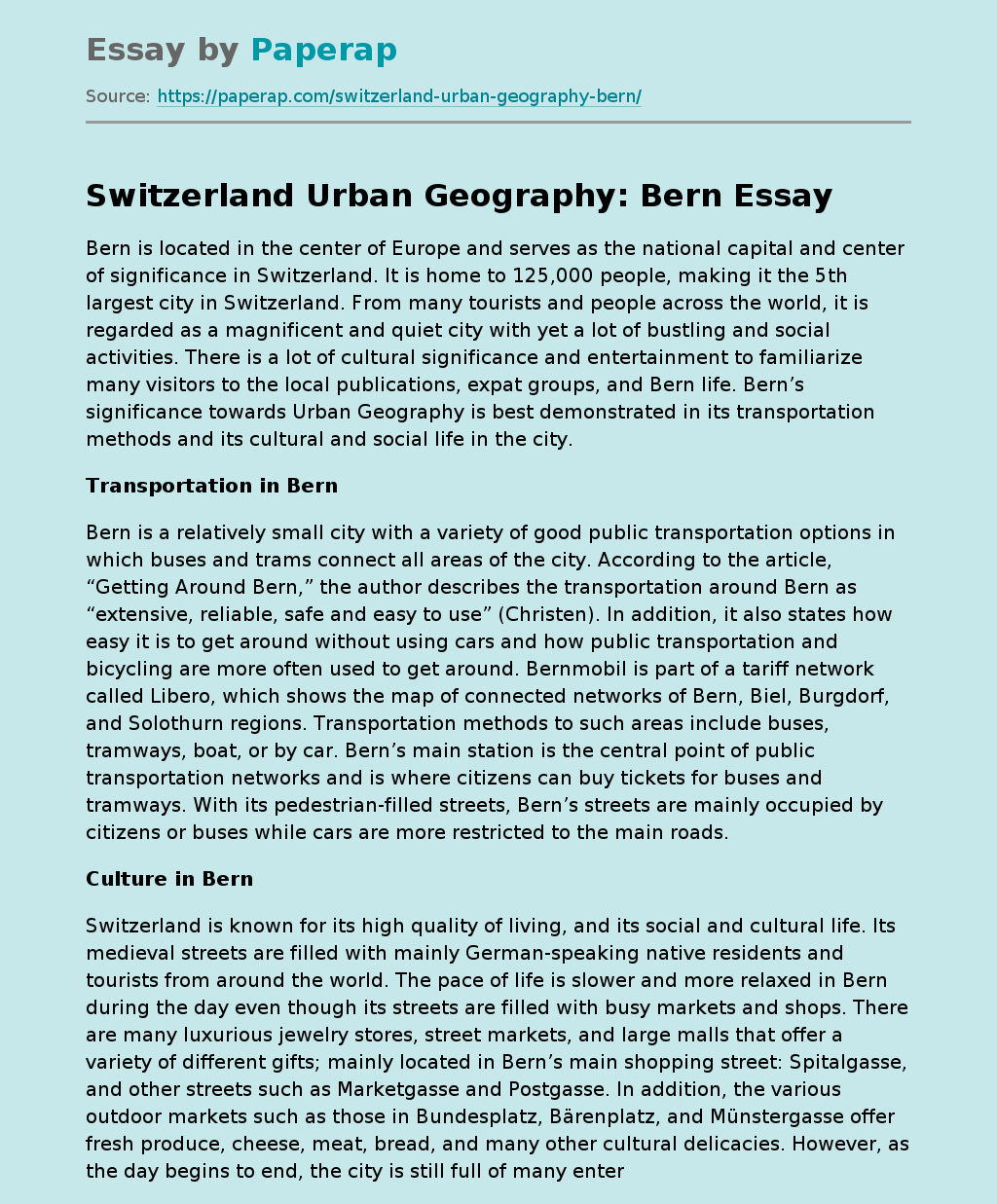 Switzerland Urban Geography: Bern