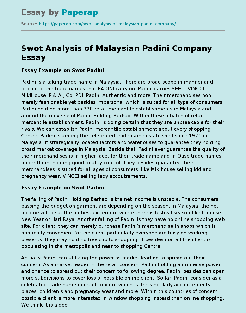 Swot Analysis of Malaysian Padini Company