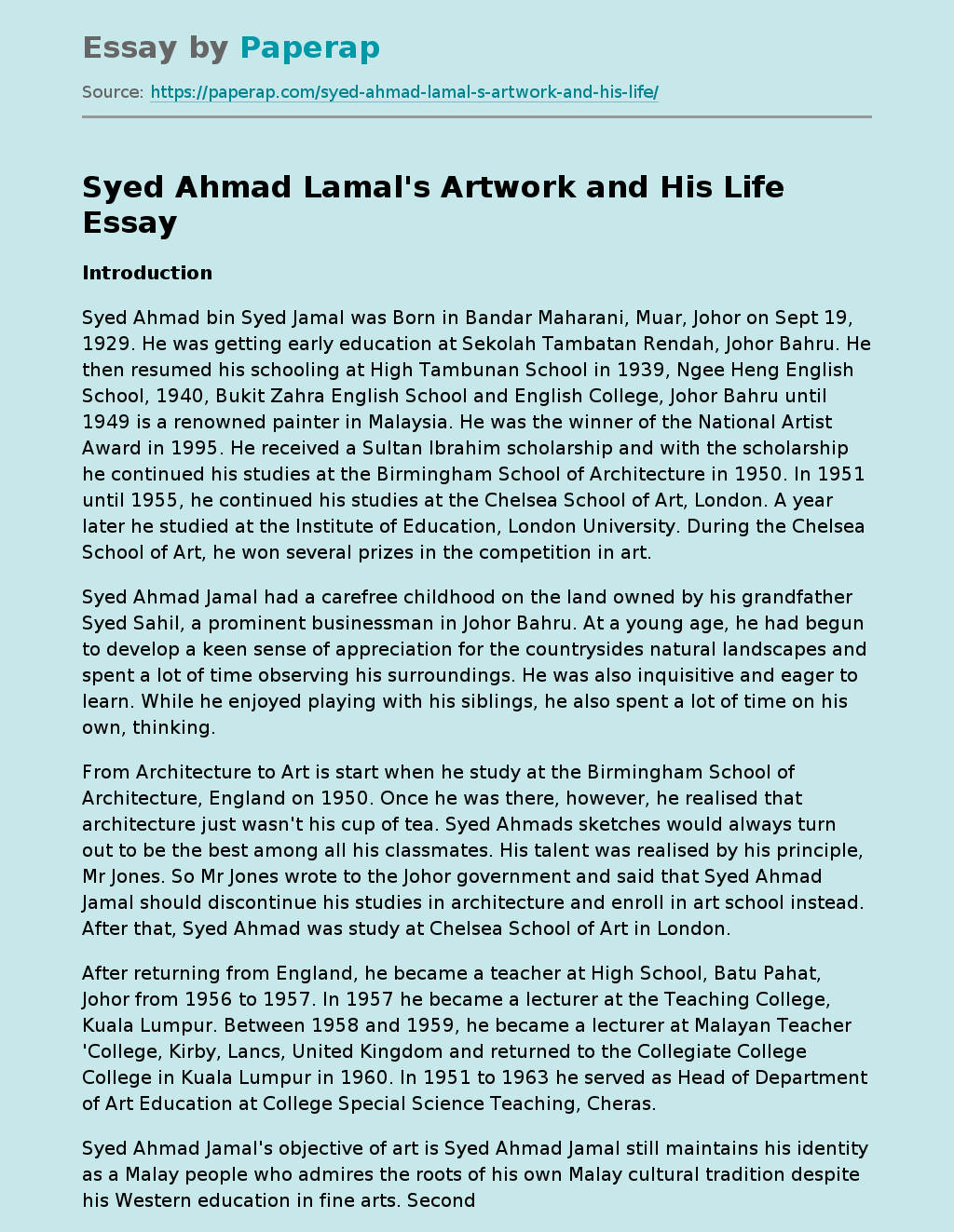 Syed Ahmad Lamal's Artwork and His Life
