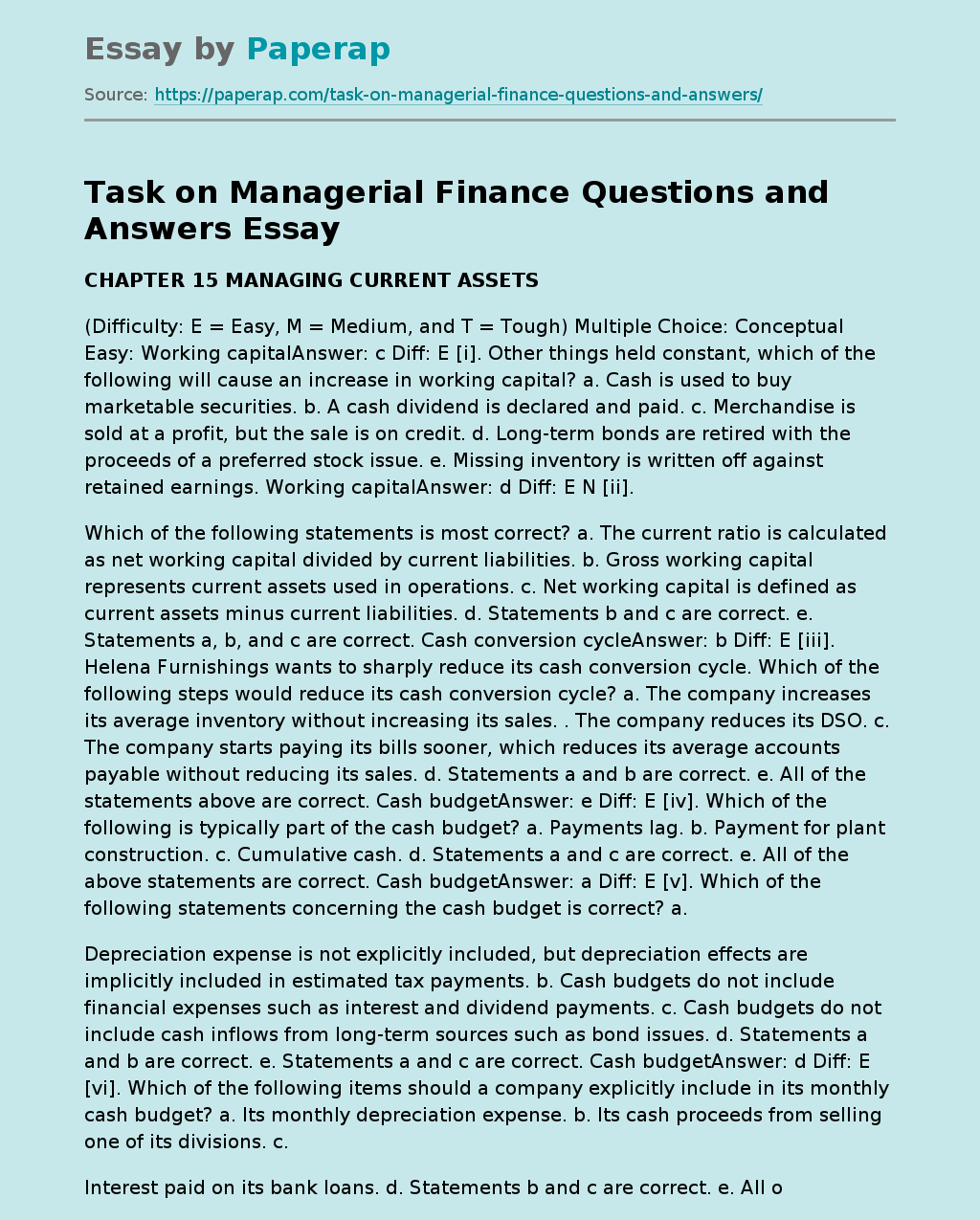 Task on Managerial Finance Questions and Answers