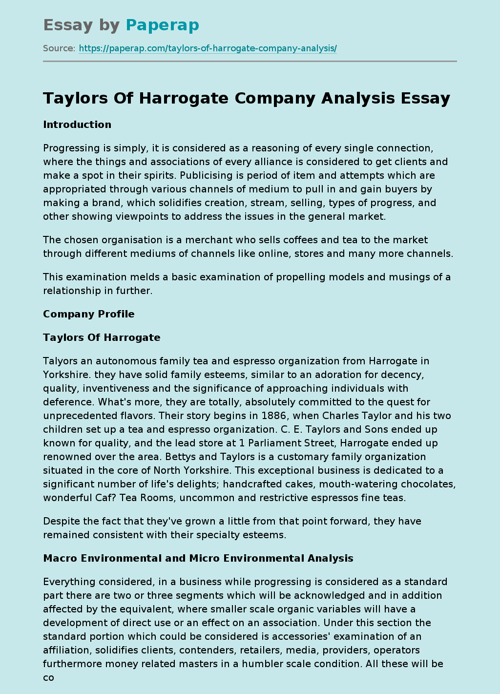 Taylors Of Harrogate Company Analysis