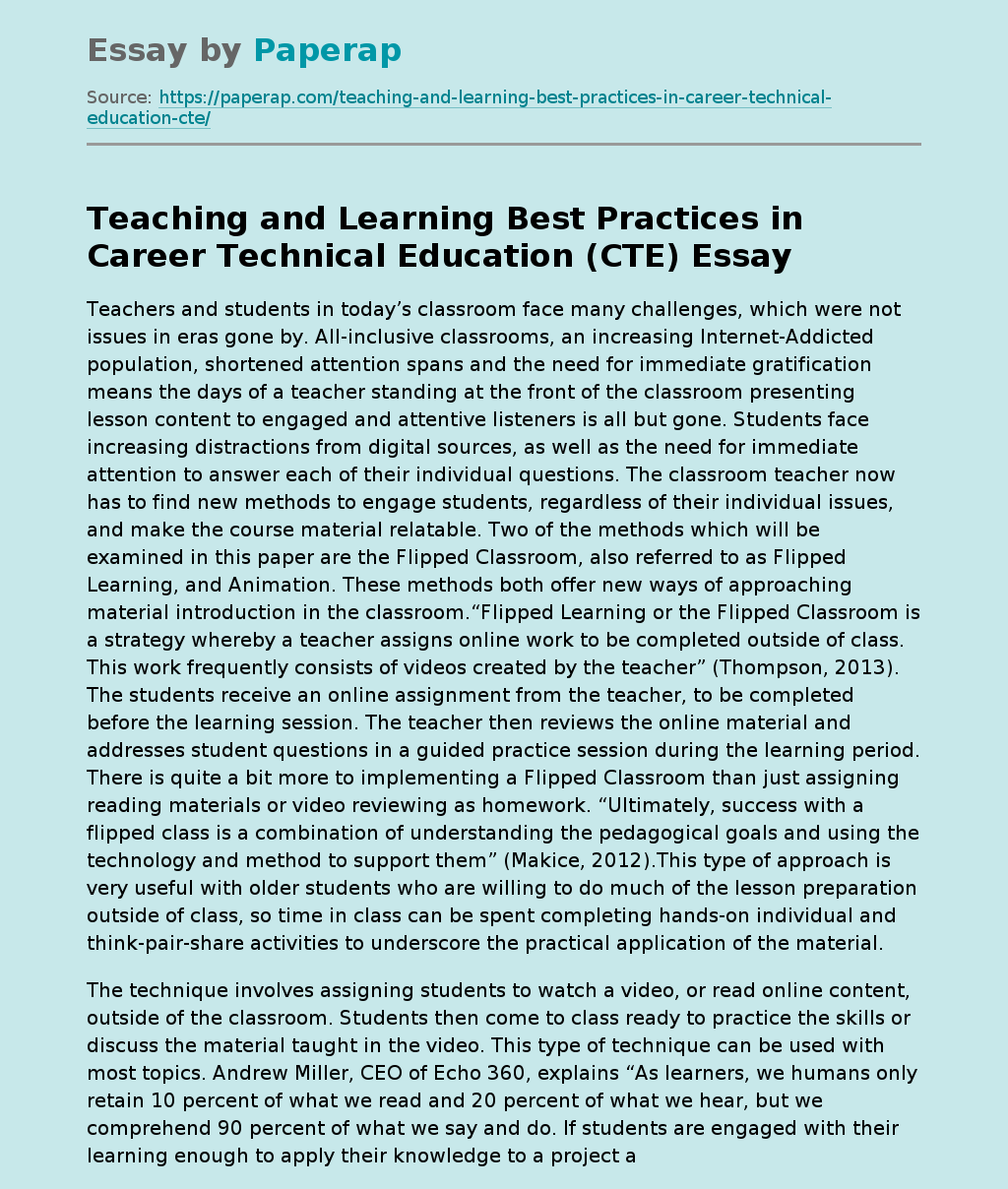 Teaching and Learning Best Practices in Career Technical Education (CTE)