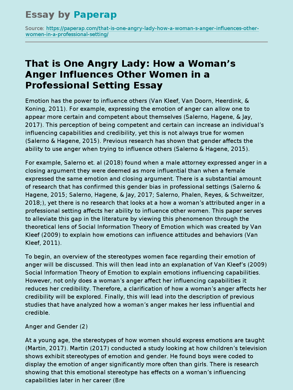 That is One Angry Lady: How a Woman’s Anger Influences Other Women in a Professional Setting