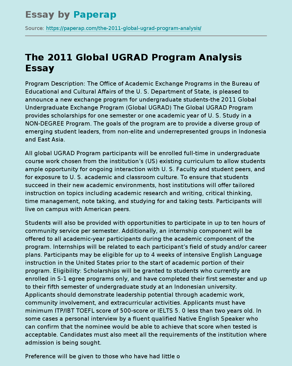 The 2011 Global UGRAD Program Analysis