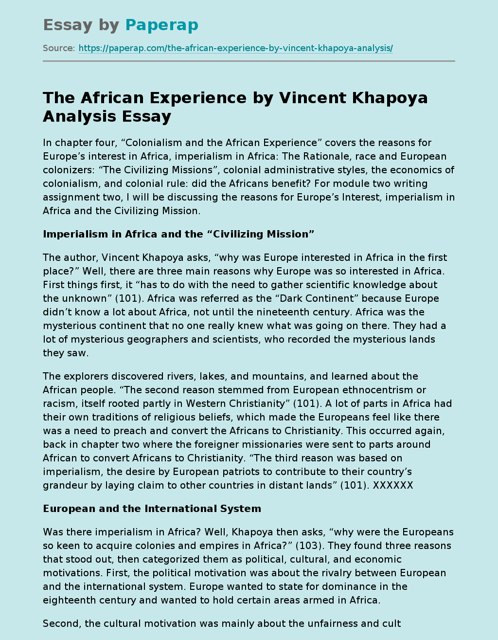 The African Experience by Vincent Khapoya Analysis