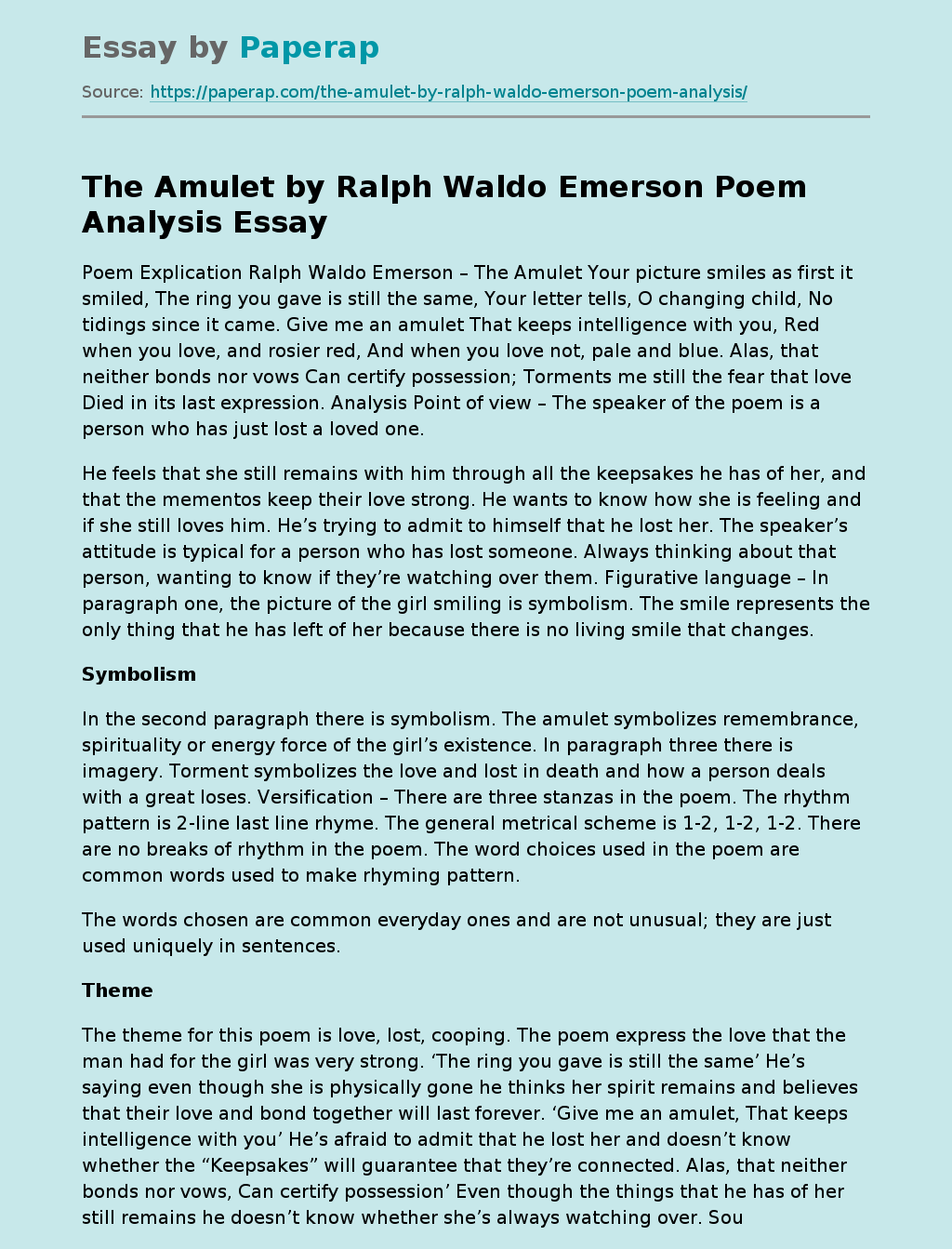 The Amulet by Ralph Waldo Emerson Poem Analysis