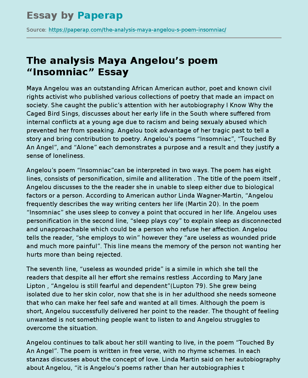 The analysis Maya Angelou’s poem “Insomniac”