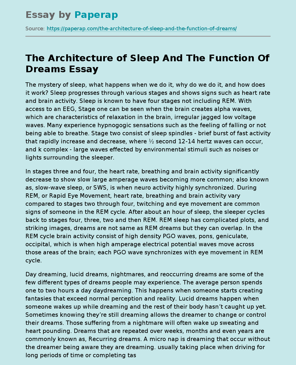 The Architecture of Sleep And The Function Of Dreams