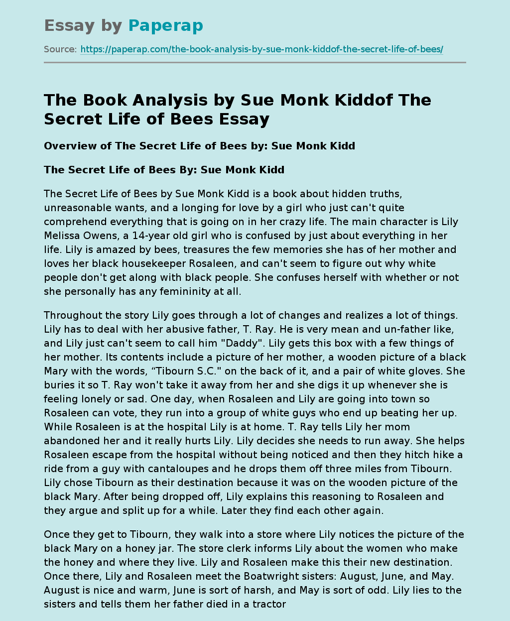 The Book Analysis by Sue Monk Kiddof The Secret Life of Bees