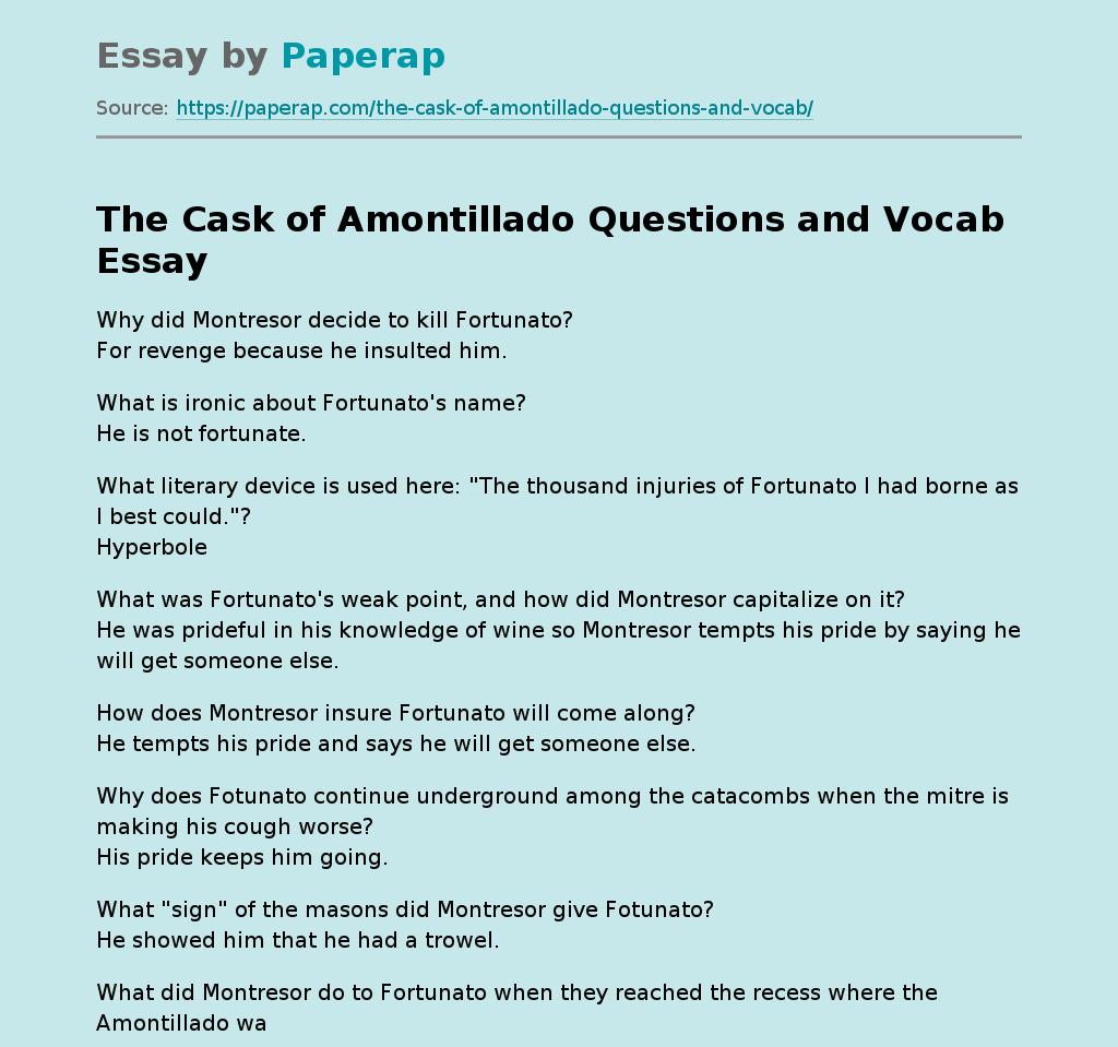 The Cask of Amontillado Questions and Vocab