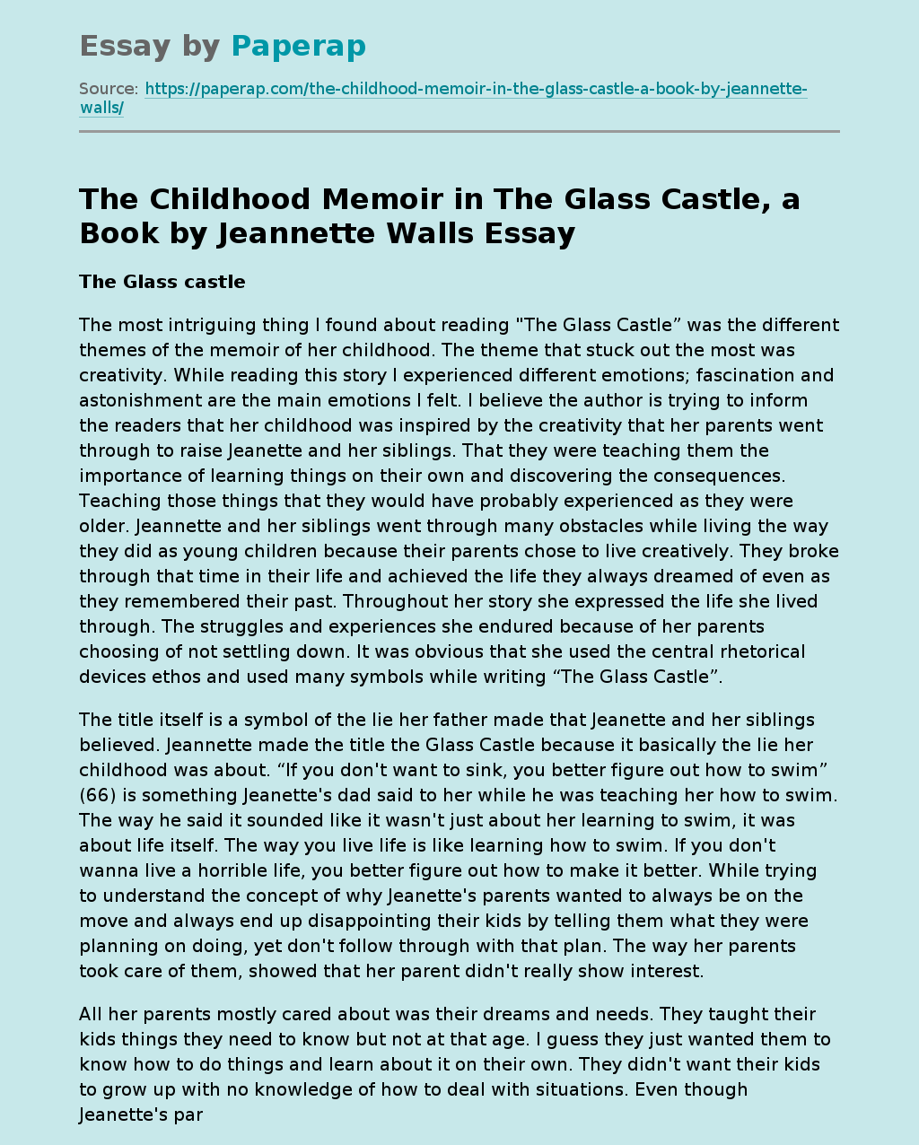 The Childhood Memoir in The Glass Castle, a Book by Jeannette Walls