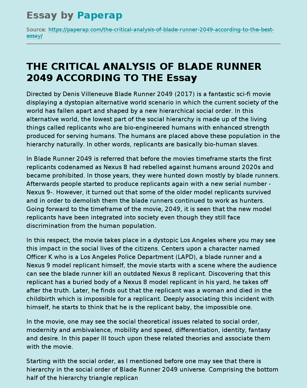 THE CRITICAL ANALYSIS OF BLADE RUNNER 2049 ACCORDING TO THE