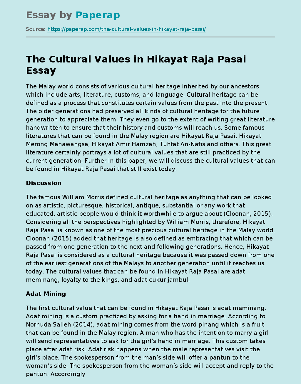 The Cultural Values in Hikayat Raja Pasai