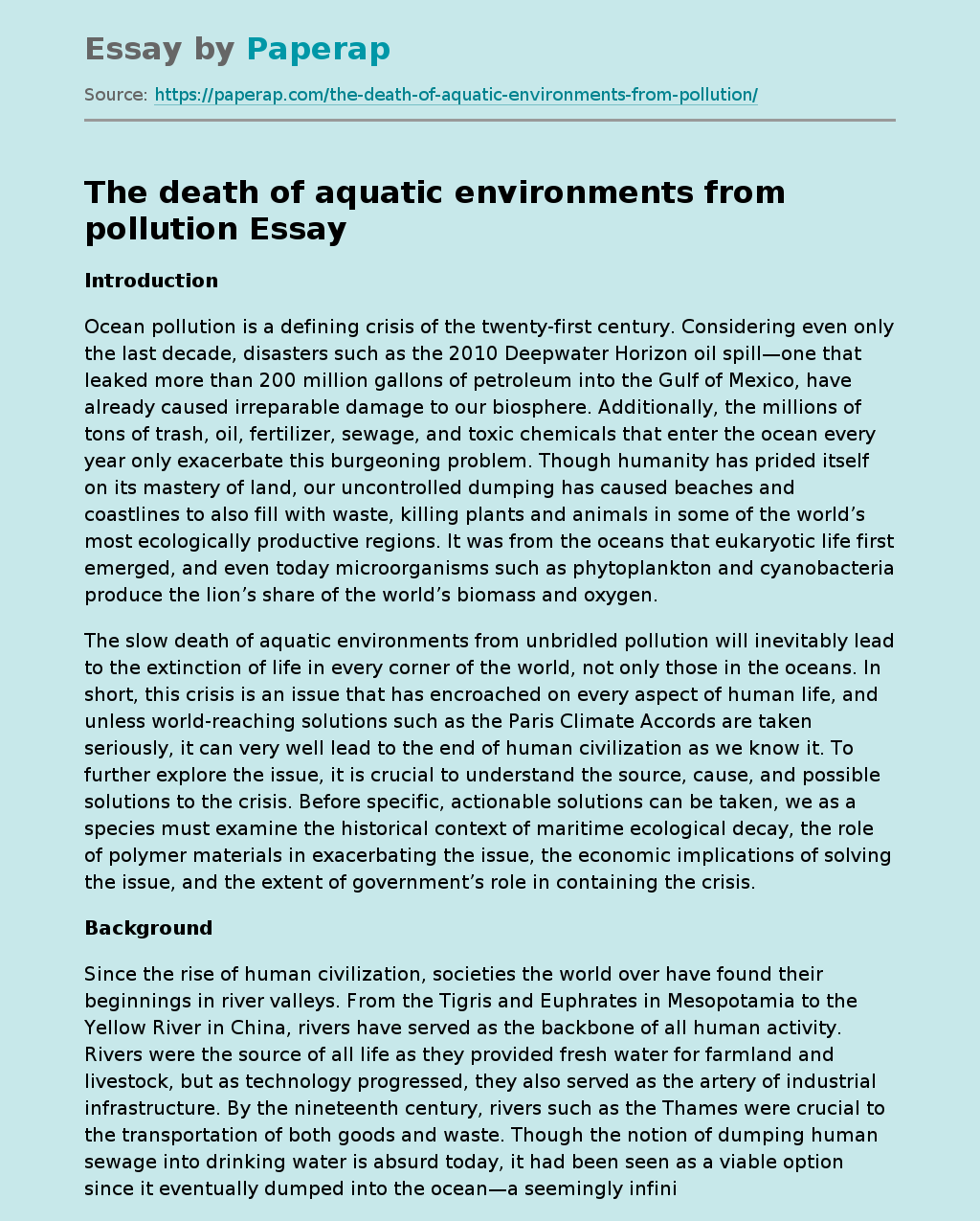 The death of aquatic environments from pollution