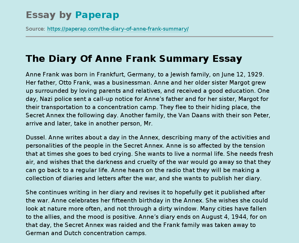 The Diary Of Anne Frank Summary