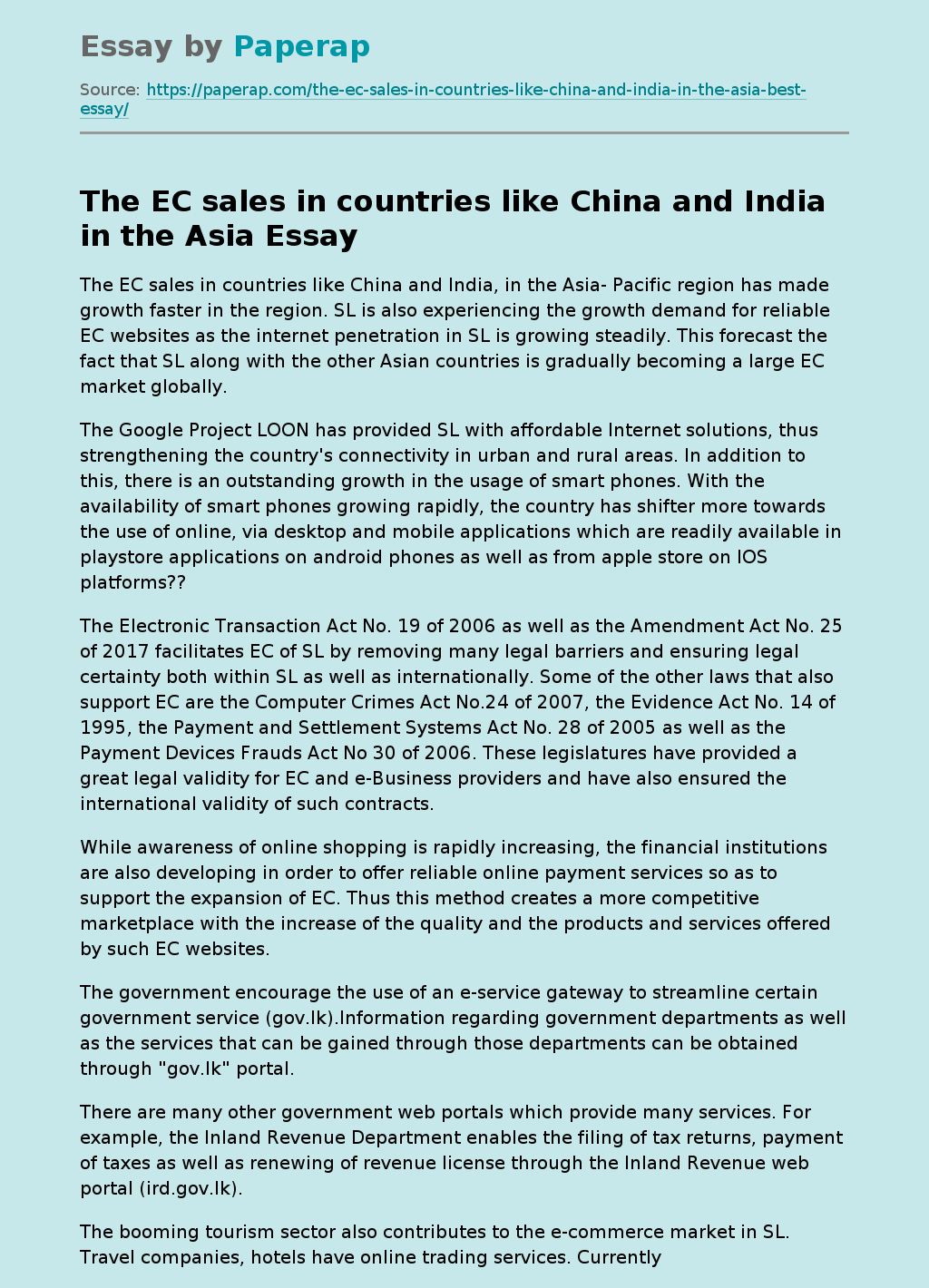 The EC sales in countries like China and India in the Asia