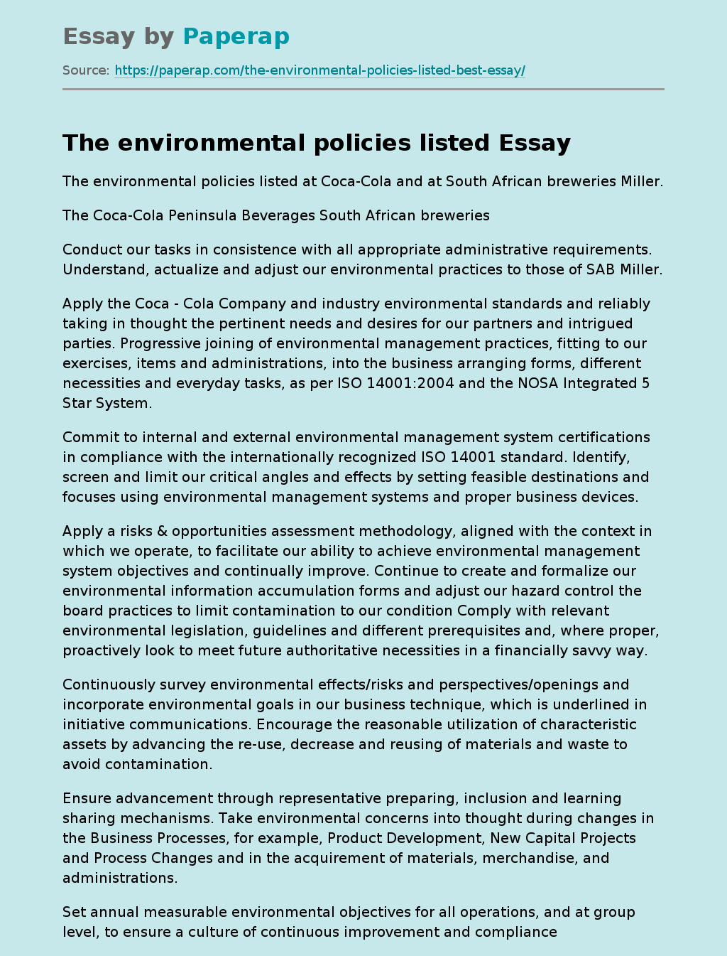 Set of Intentions and Principles Regarding Environmental Performance