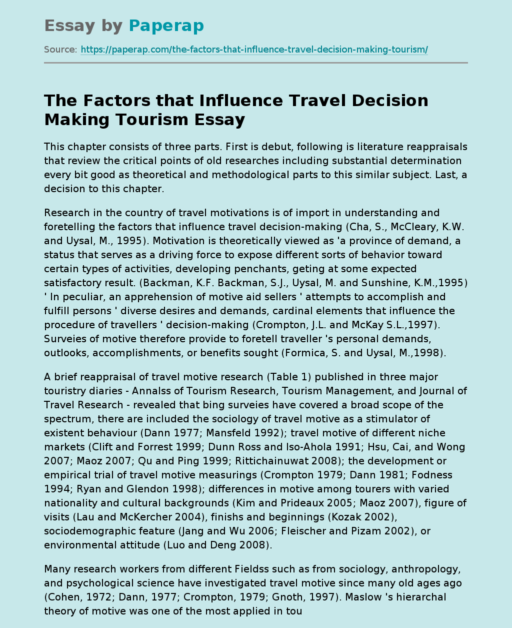 The Factors that Influence Travel Decision Making Tourism