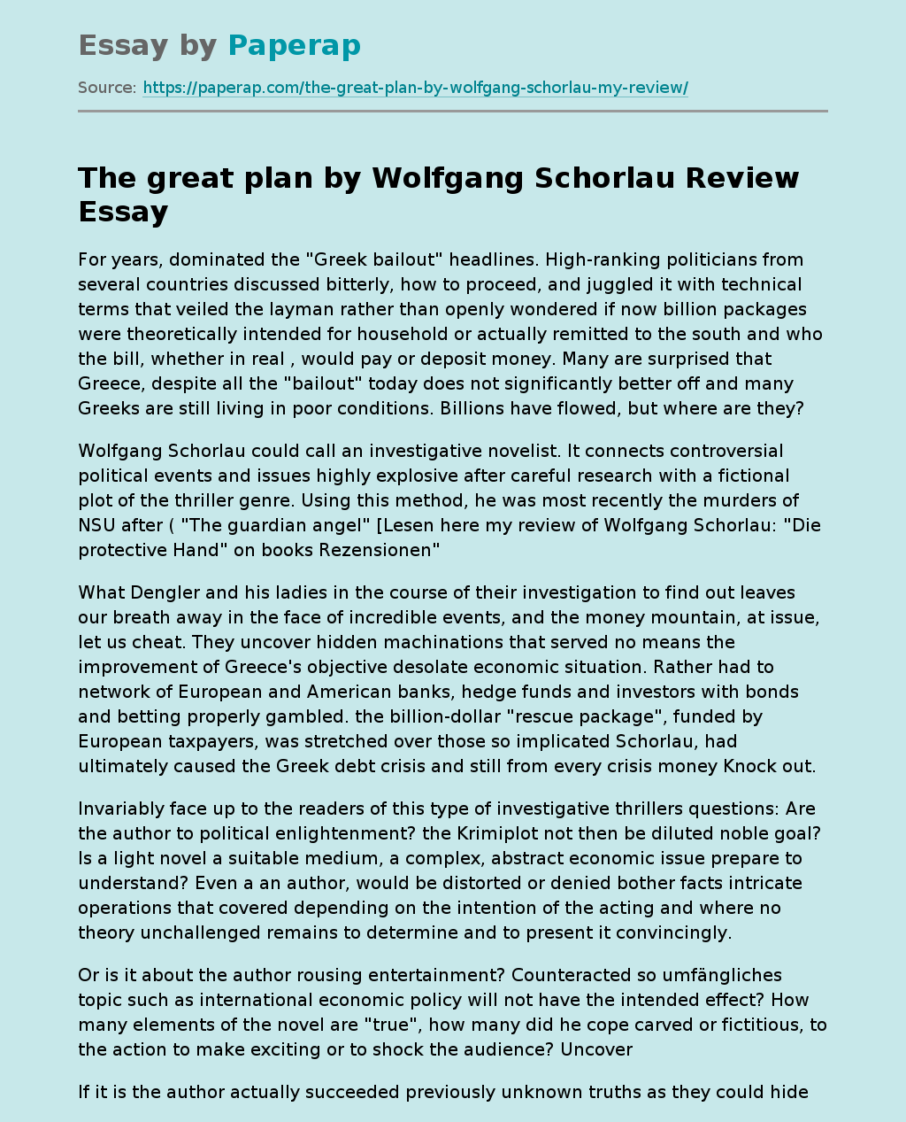 The Great Plan By Wolfgang Schorlau Review