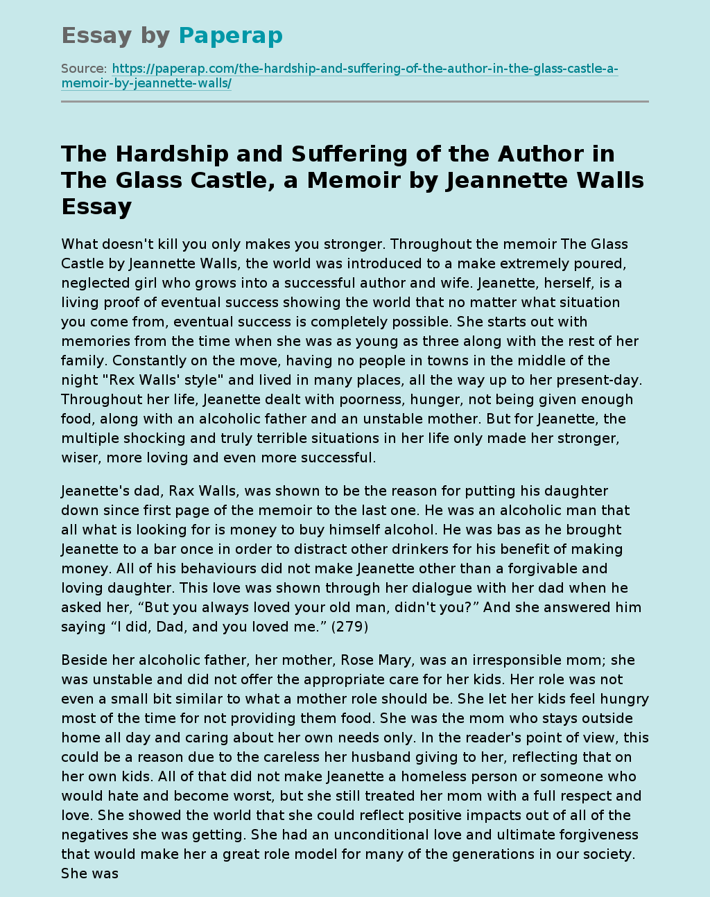 The Hardship and Suffering of the Author in The Glass Castle, a Memoir by Jeannette Walls