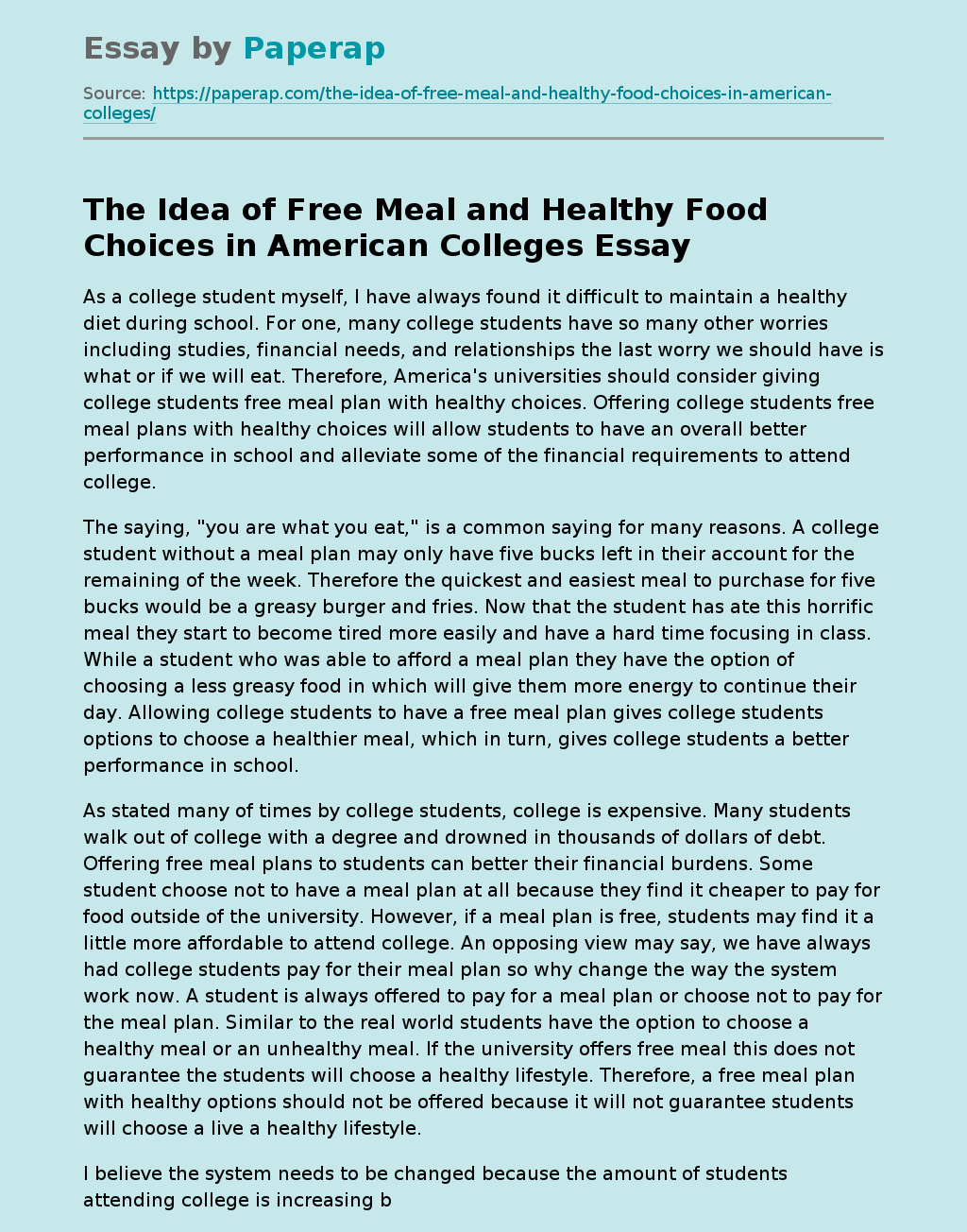 The Idea of Free Meal and Healthy Food Choices in American Colleges