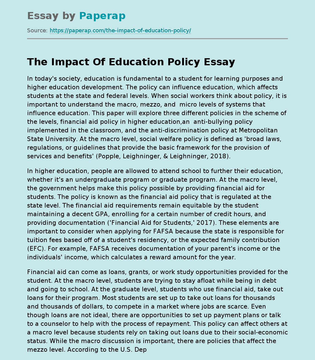 write an essay on education policy