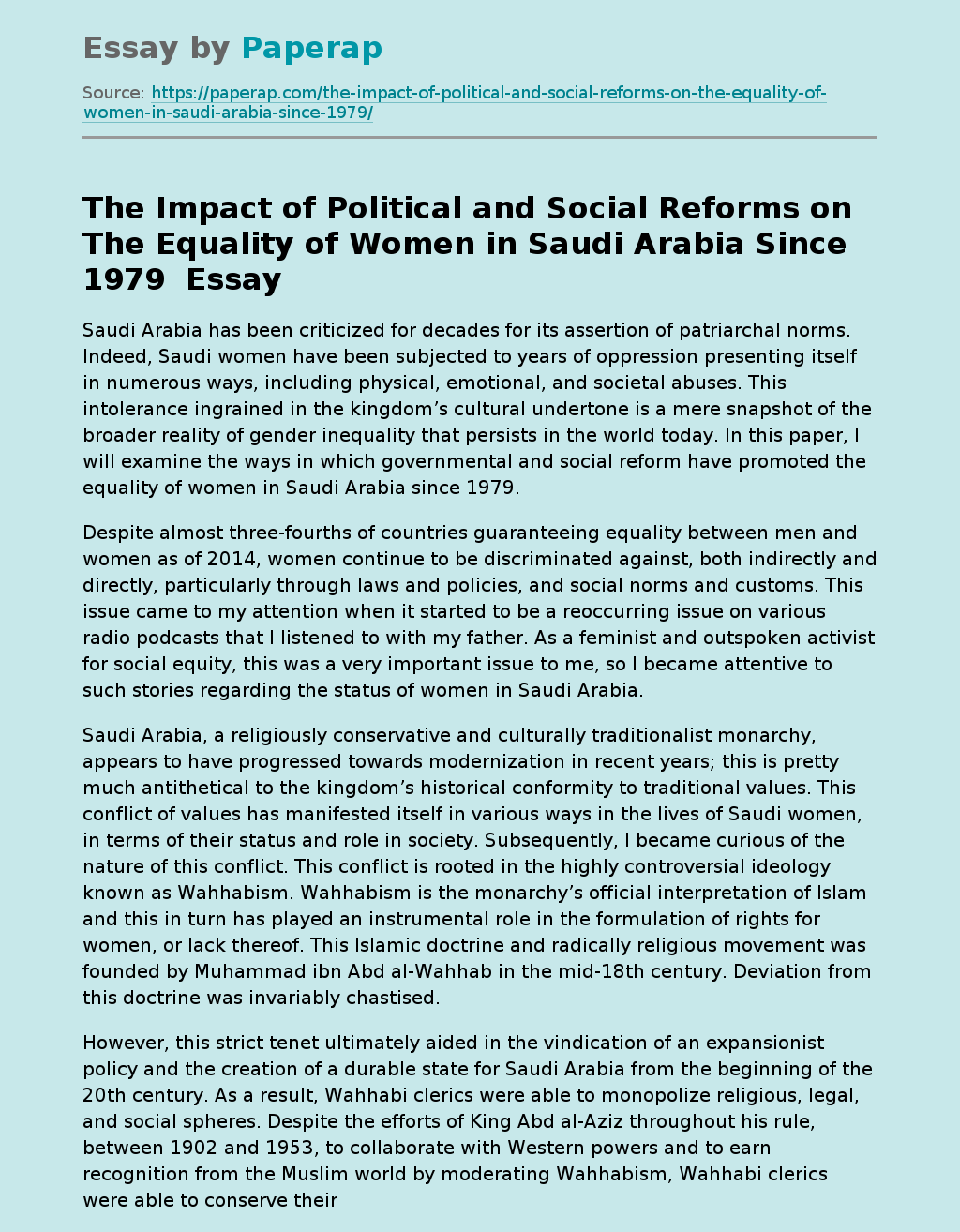 The Impact of Political and Social Reforms on The Equality of Women in Saudi Arabia Since 1979 