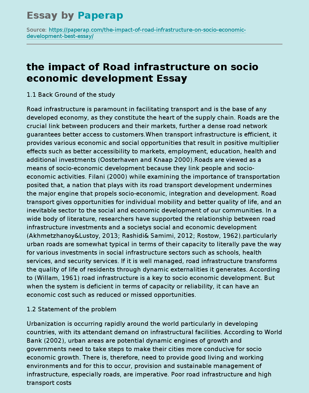 the impact of Road infrastructure on socio economic development