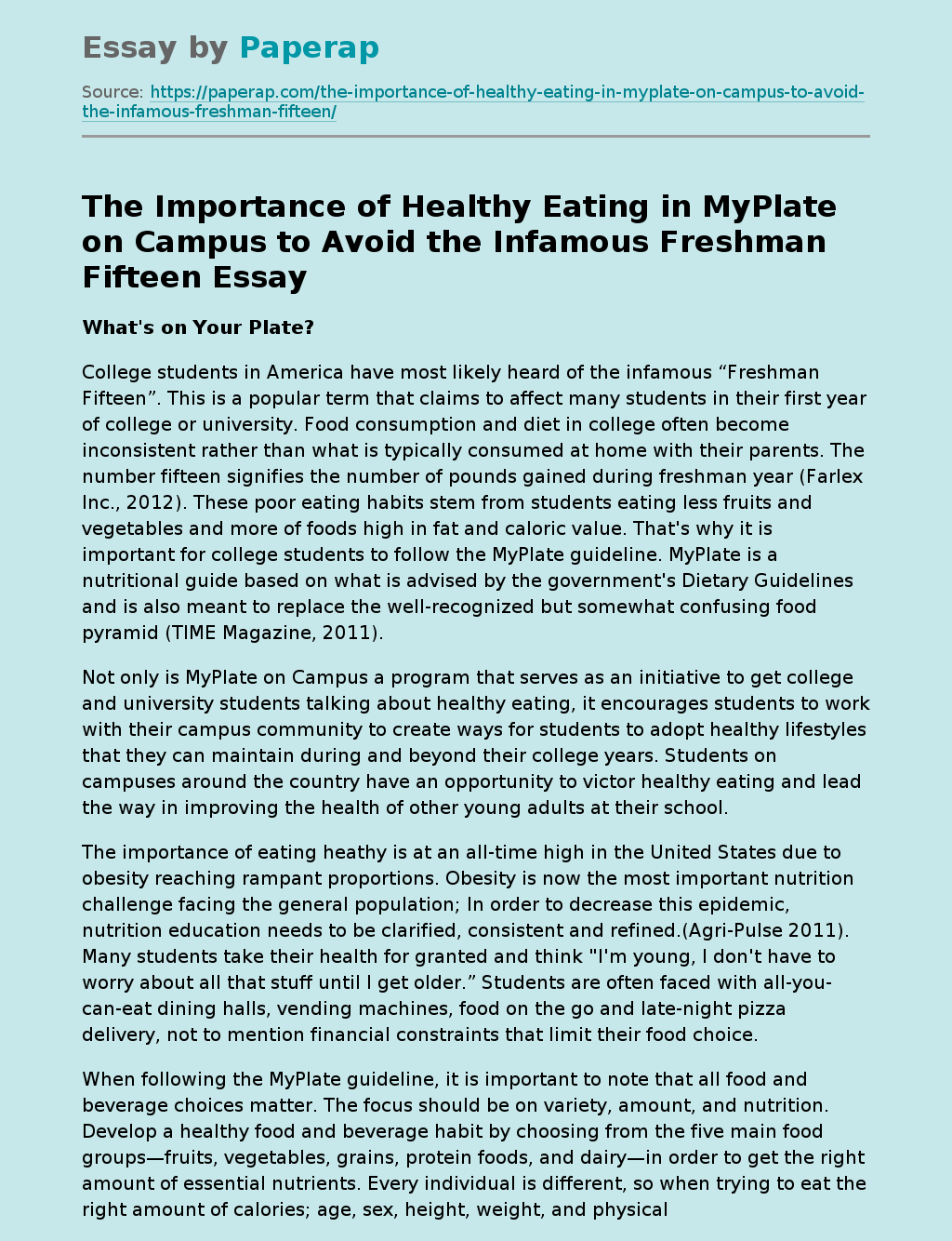 The Importance of Healthy Eating in MyPlate on Campus to Avoid the Infamous Freshman Fifteen